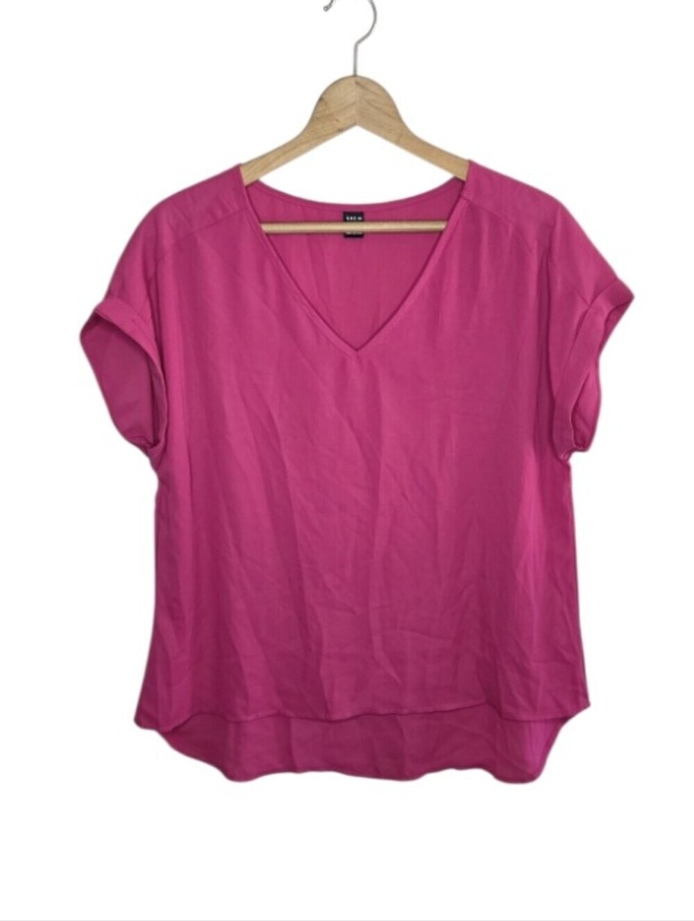 Shein Bright Pink Cuffed Short Sleeve V-neck Blouse Size Large